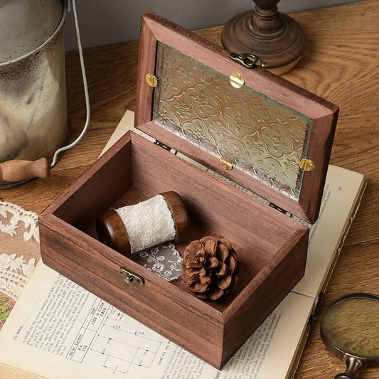 Vintage Wooden Storage Box Rectangular Glass Lid 