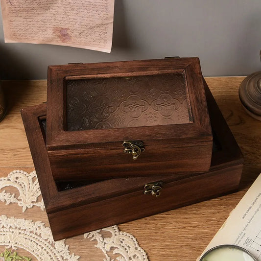 Vintage Wooden Storage Box Rectangular Glass Lid 