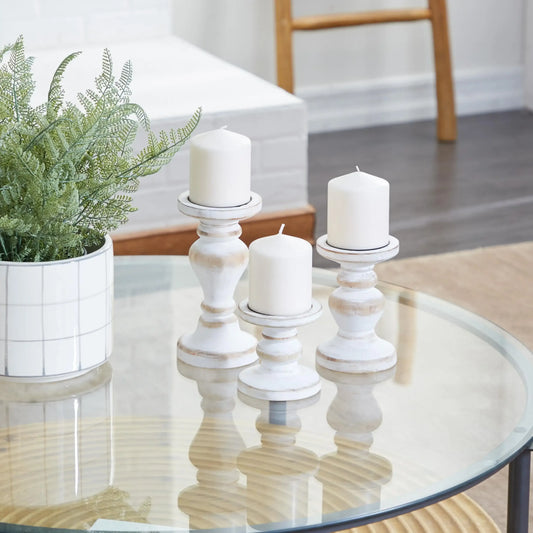 Farmhouse White Washed Wooden Curved Pillar Candle Holders Set of 3, 8", 6", 4"