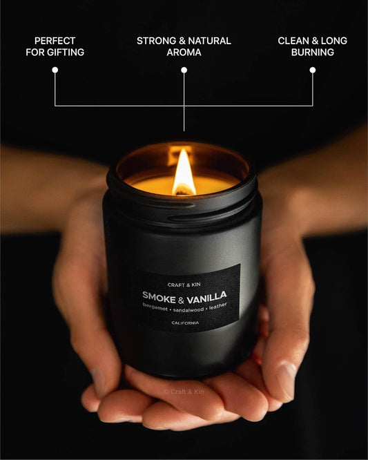 Premium Smoke & Vanilla Candle | Black Scented Candles for Men | Long Lasting with 45 Hour Burn Time, 7.6Oz | Made with Soy 