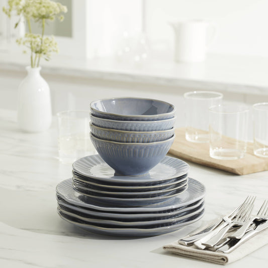 12-Piece Artisanal Blue Stripe Stoneware Tableware Set 